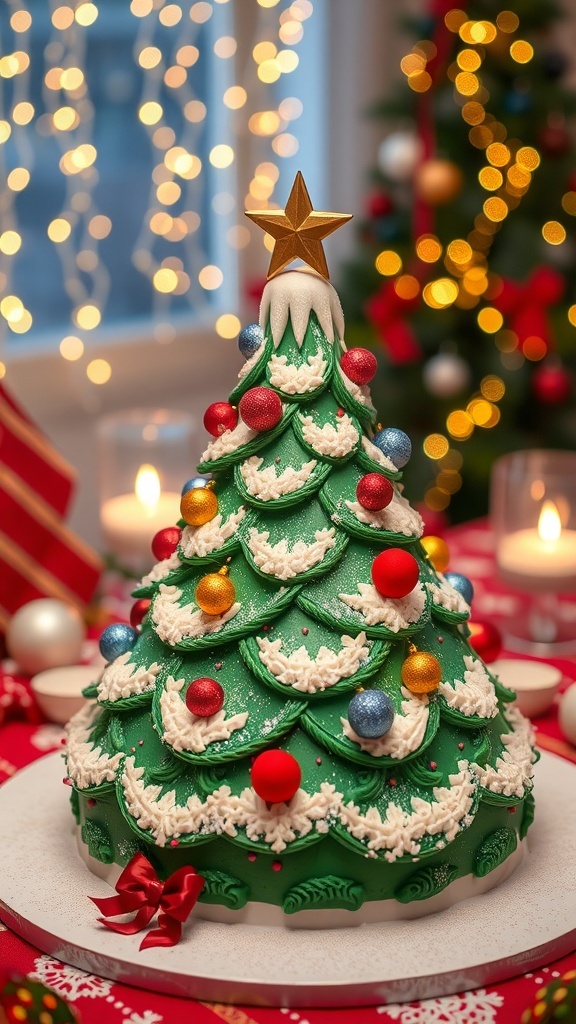 A stunning 3D Christmas cake shaped like a tree, decorated with colorful ornaments and a star, on a festive table.